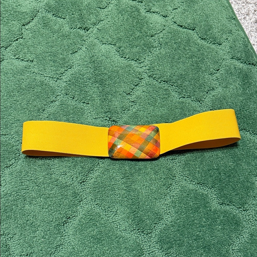 Stretch Belt with Wooden Plaid Buckle. OS
